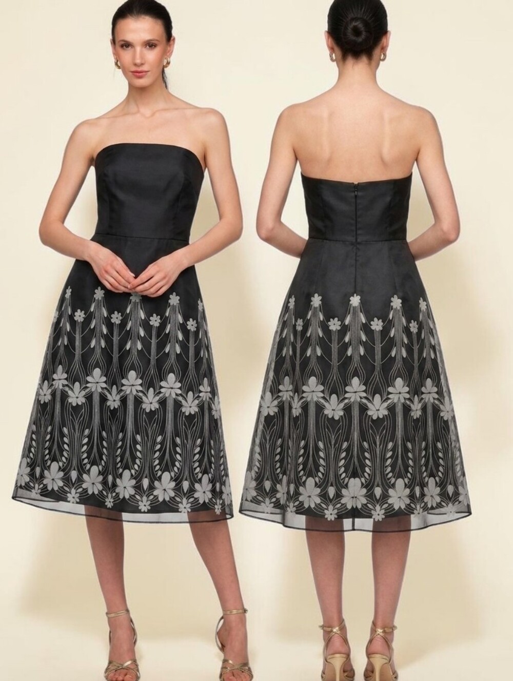 KAY UNGER Strapless Silk Organza Art Deco Floral Print Cocktail Dress - Size 4